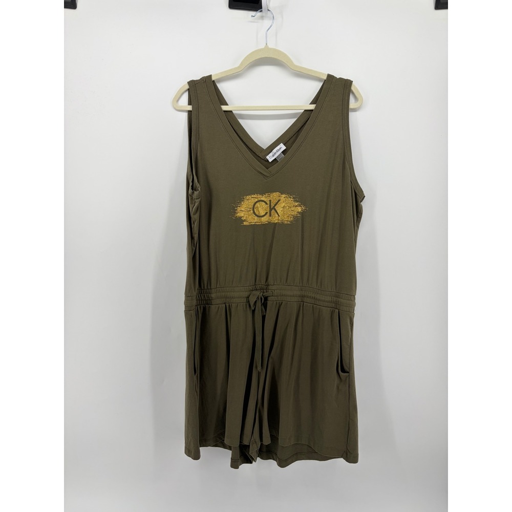 Calvin Klein Womens XL Olive Green Romper Gold Logo V-Neck Drawstring Waist